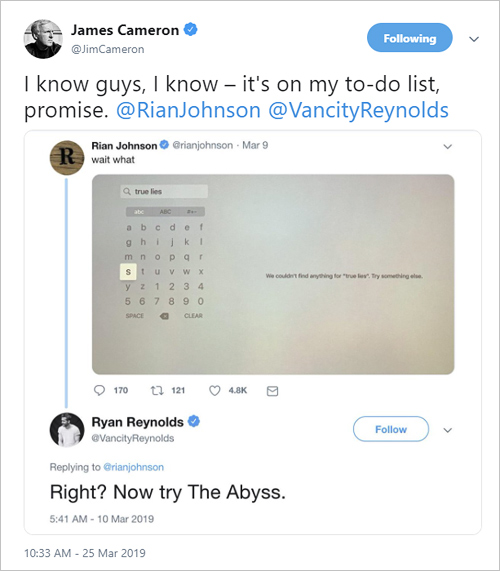 James Cameron tweet - 3/25/19