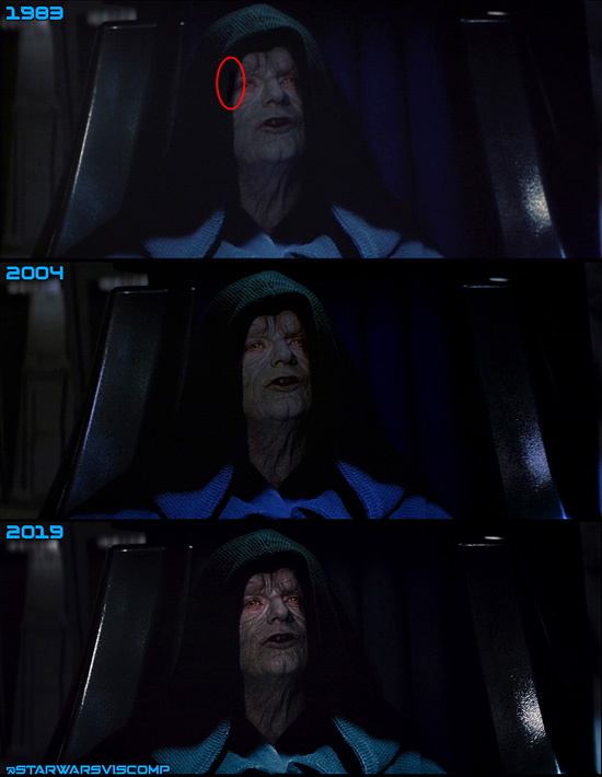 The Emperor’s “slugs” (dark spots added in post around his eyes that covered the eyelight in the hood) were blended in for the 2004 version and blended in better for the 4K.